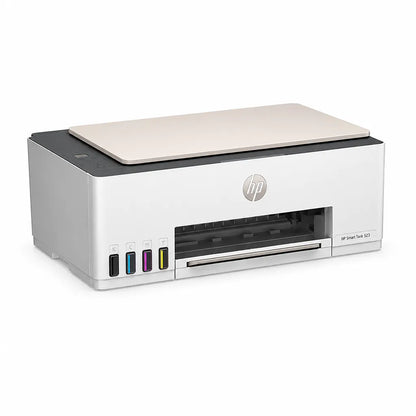 HP Smart Tank 523 all-in-one printer left angle view showing compact white design and colour ink tanks -tpstech.in