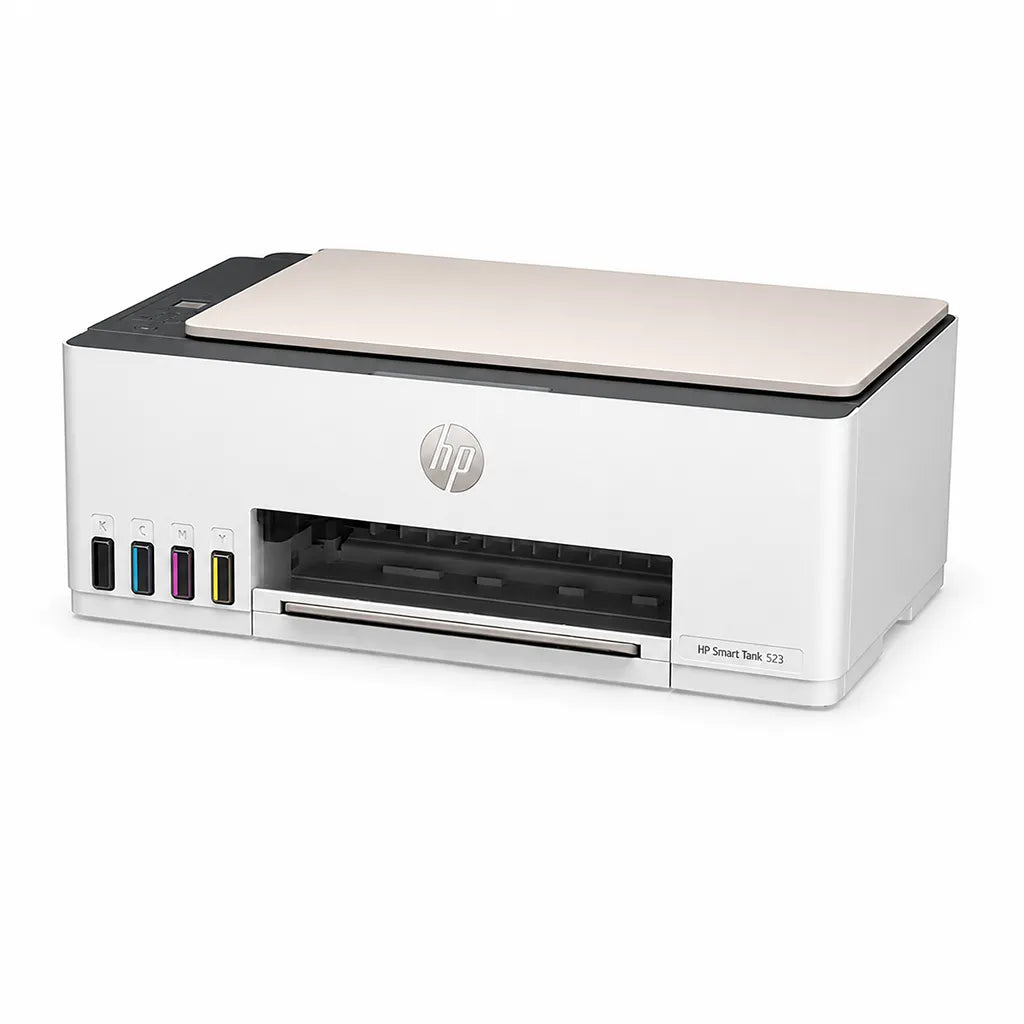 HP Smart Tank 523 all-in-one printer right angle view showing flatbed scanner and front paper output -tpstech.in