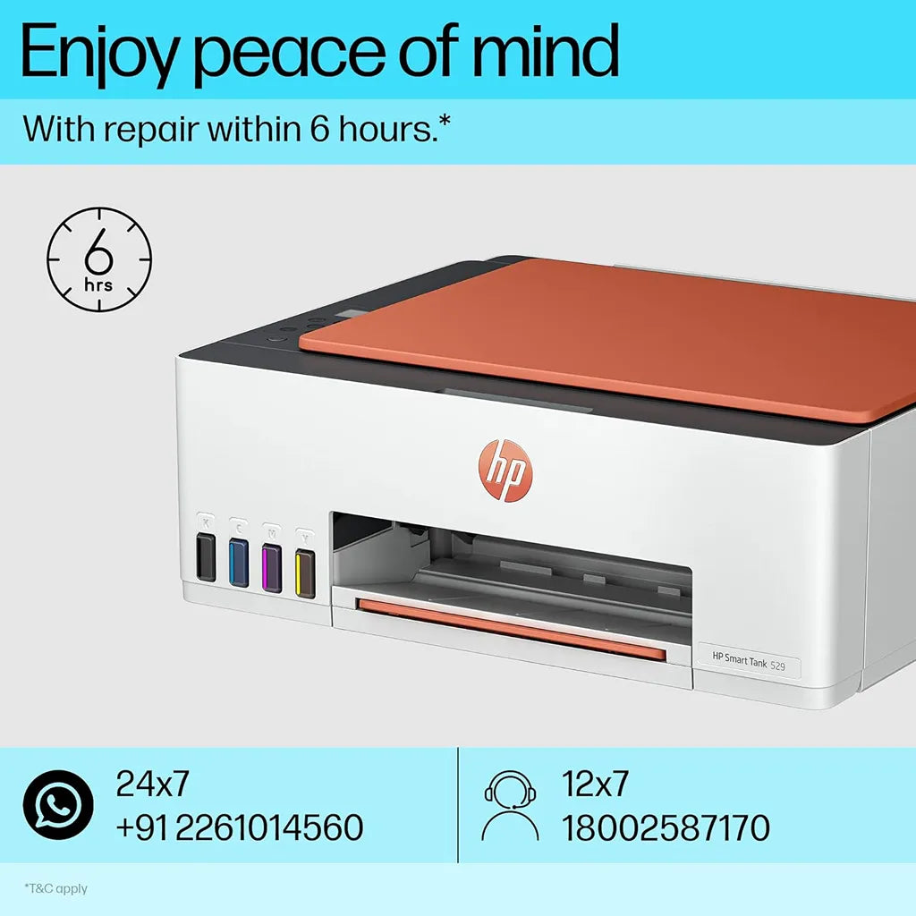 HP Smart Tank 529 all-in-one printer with 6-hour repair support and service information -tpstech.in