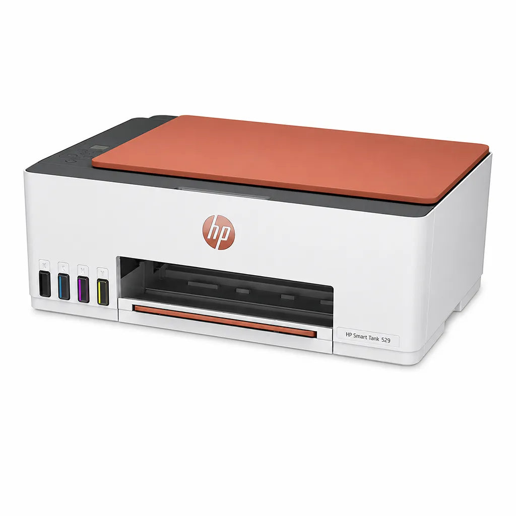HP Smart Tank 529 all-in-one ink tank printer front angle view with visible ink tanks and paper output tray -tpstech.in