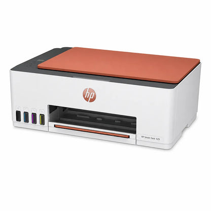 HP Smart Tank 529 all-in-one ink tank printer front angle view with visible ink tanks and paper output tray -tpstech.in
