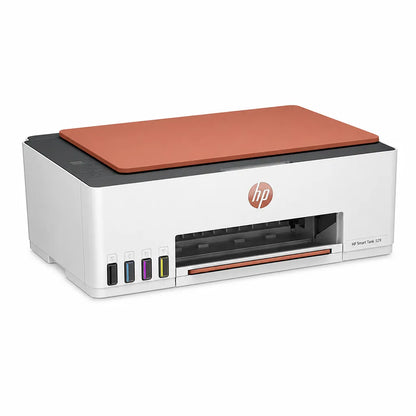 HP Smart Tank 529 all-in-one ink tank printer three-quarter front view with compact white and orange design -tpstech.in