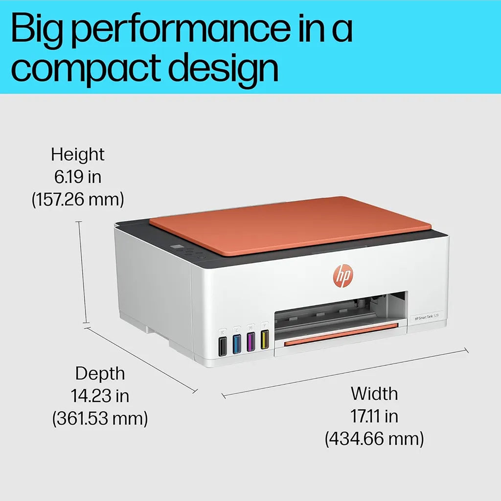 HP Smart Tank 529 compact all-in-one printer showing 434.66 mm width, 361.53 mm depth and 157.26 mm height -tpstech.in