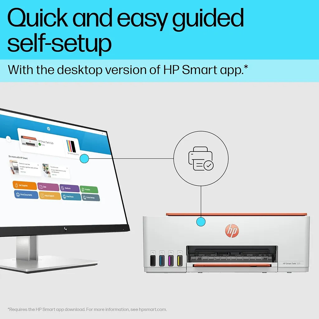 HP Smart Tank 529 printer with HP Smart App guided self-setup for easy installation and operation -tpstech.in