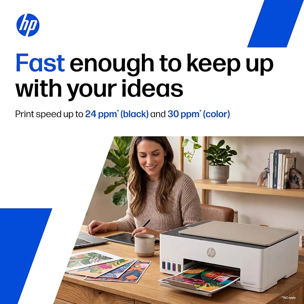 HP Smart Tank 583 printer with advertised print speeds of up to 24 ppm black and 30 ppm color -tpstech.in