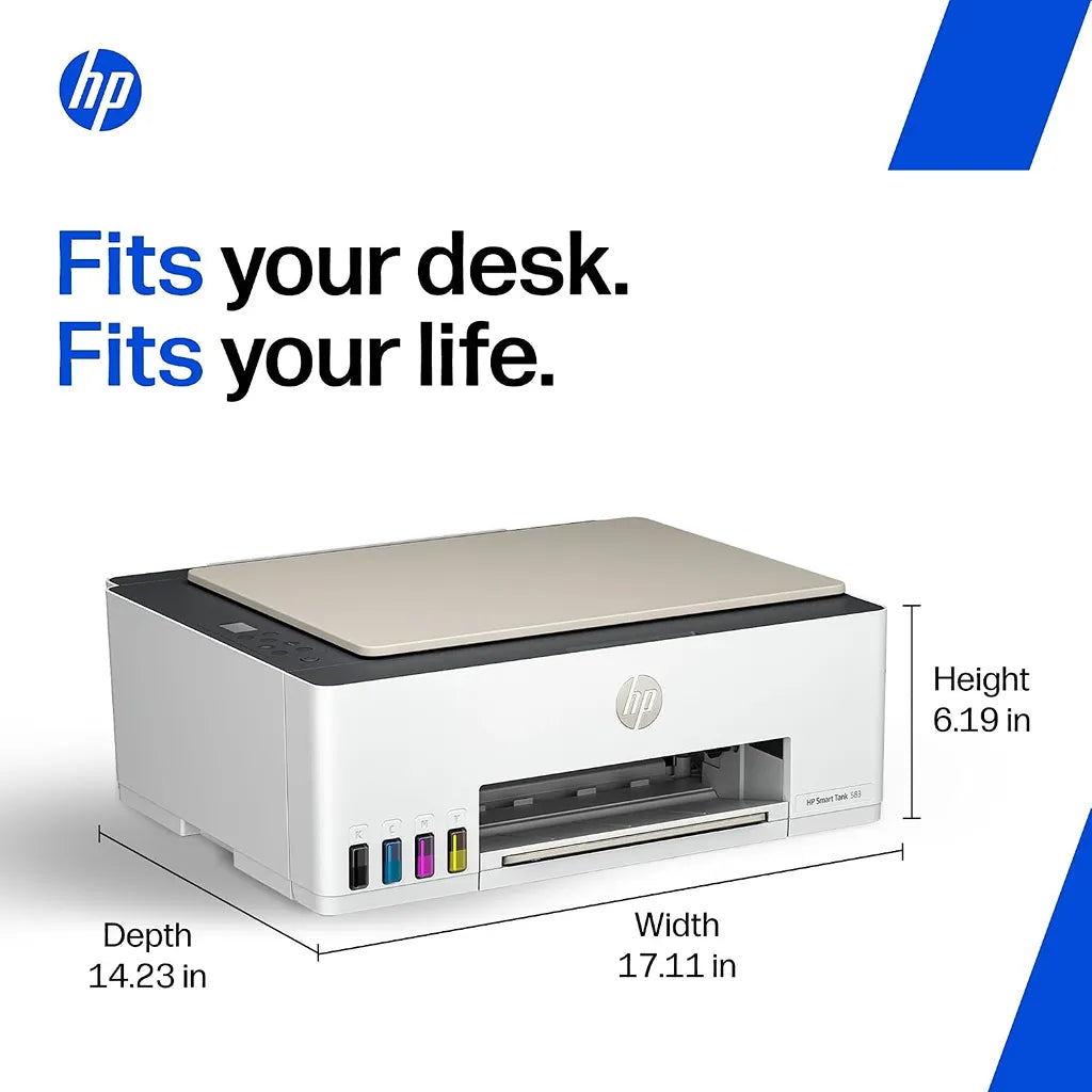 HP Smart Tank 583 compact all-in-one printer showing 17.11 inch width 14.23 inch depth and 6.19 inch height -tpstech.in