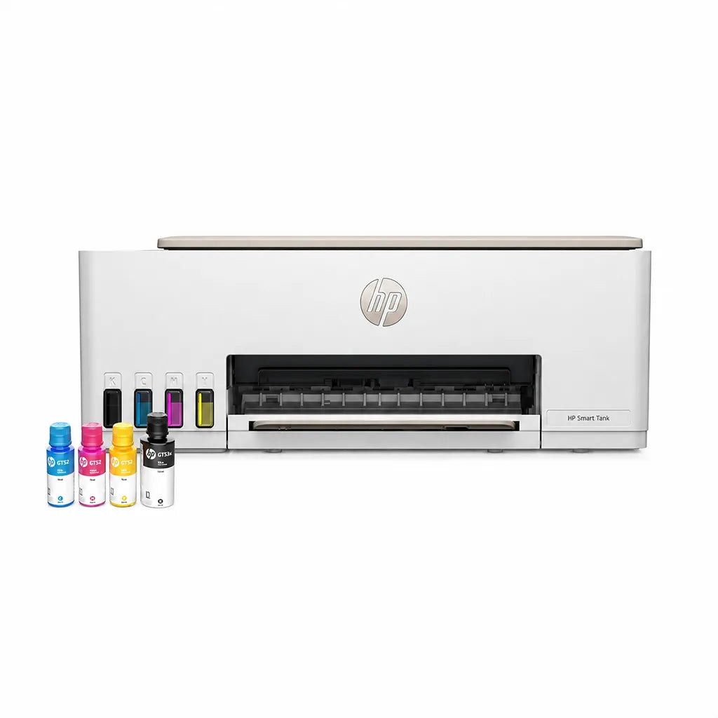 HP Smart Tank 583 color ink tank printer displayed with black cyan magenta and yellow ink bottles -tpstech.in