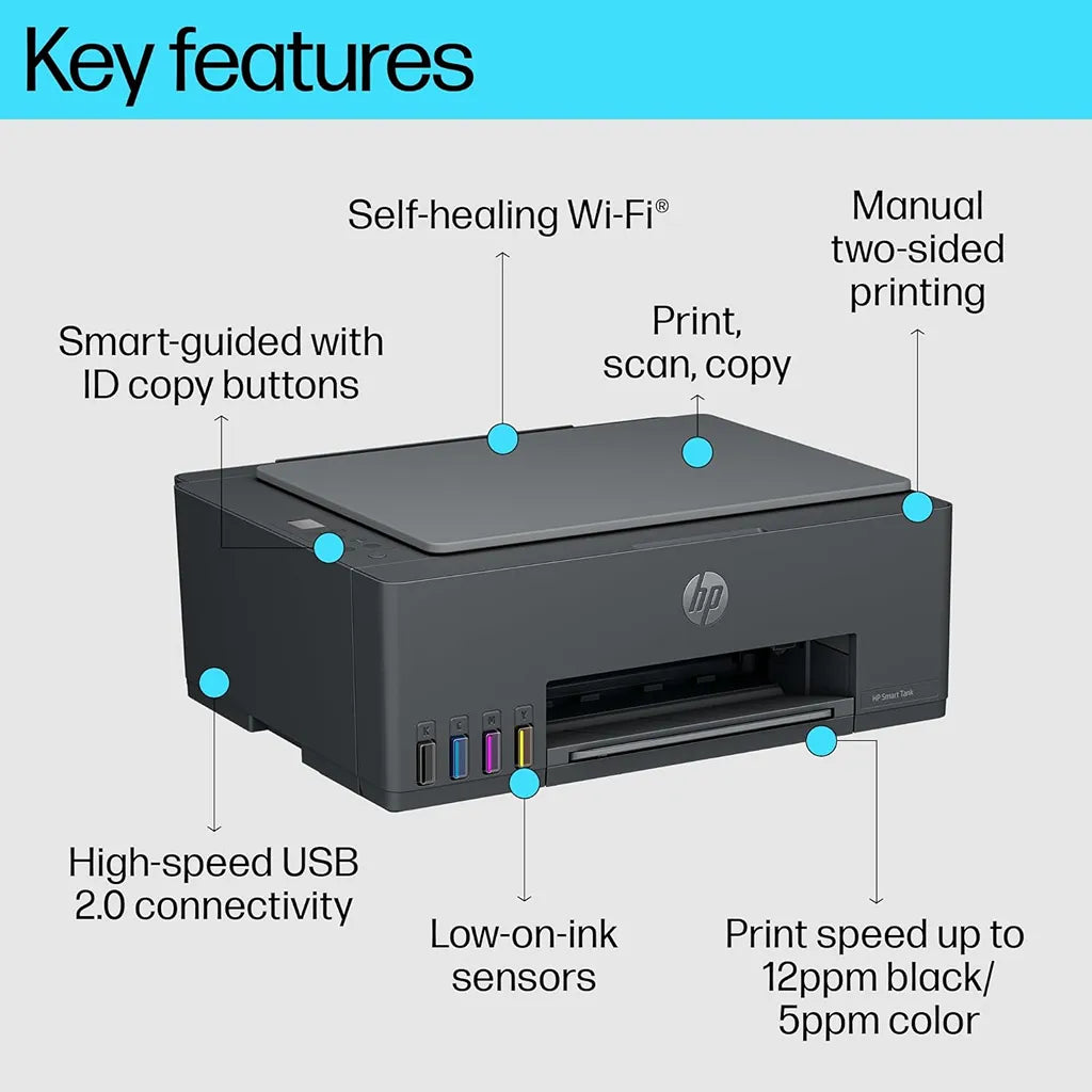 HP Smart Tank 584 all-in-one colour printer showing self-healing Wi-Fi, USB 2.0, print scan copy, low-ink sensors and print speed features -tpstech.in