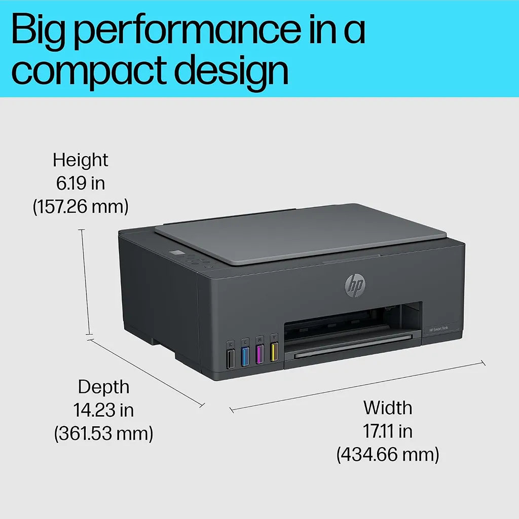 HP Smart Tank 584 compact all-in-one printer showing 434.66 mm width, 361.53 mm depth and 157.26 mm height -tpstech.in