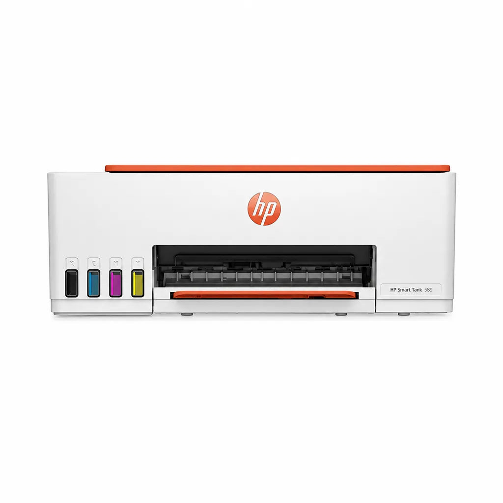HP Smart Tank 589 all-in-one colour printer shown from a front angle with compact desktop design -tpstech.in