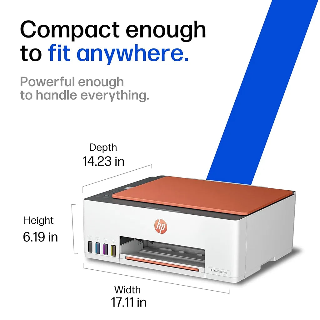 HP Smart Tank 589 compact all-in-one colour printer showing 17.11-inch width, 14.23-inch depth and 6.19-inch height -tpstech.in