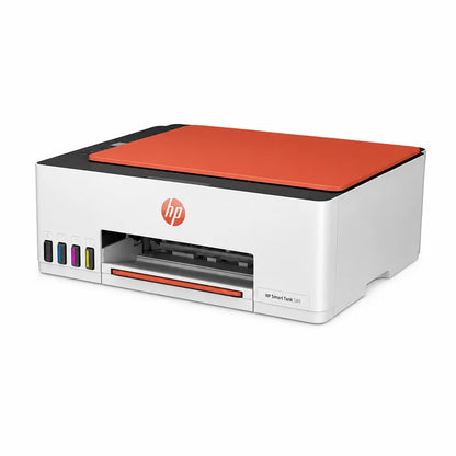 HP Smart Tank 589 wireless colour ink tank printer shown from a side angle with orange top panel -tpstech.in