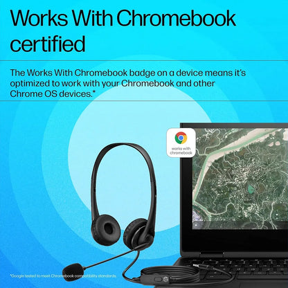 HP Stereo 3.5mm Headset G2 connected to Chromebook laptop featuring Works With Chromebook certification -tpstech.in