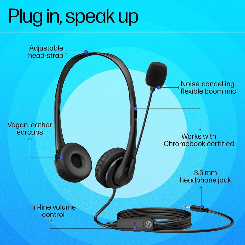 HP Stereo 3.5mm Headset G2 Wired Headset with Microphone for PC Laptop feature overview diagram -tpstech.in