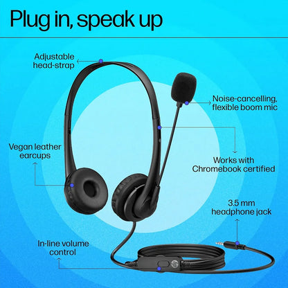 HP Stereo 3.5mm Headset G2 Wired Headset with Microphone for PC Laptop feature overview diagram -tpstech.in