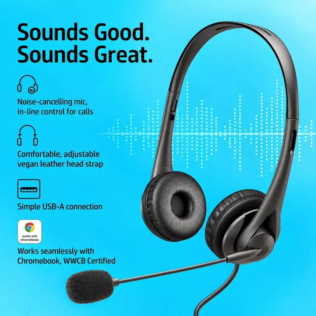 Key features of HP Stereo USB Headset G2 including noise-cancelling mic USB-A connection and Works With Chromebook certification -tpstech.in