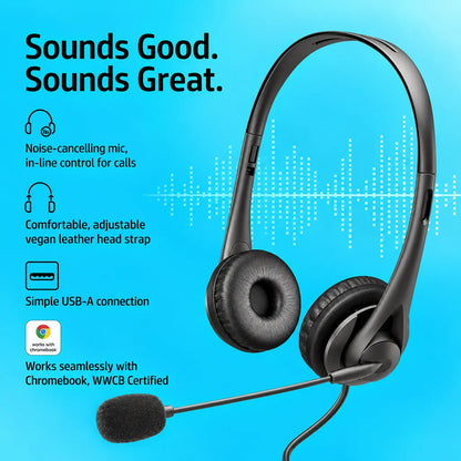 Key features of HP Stereo USB Headset G2 including noise-cancelling mic USB-A connection and Works With Chromebook certification -tpstech.in
