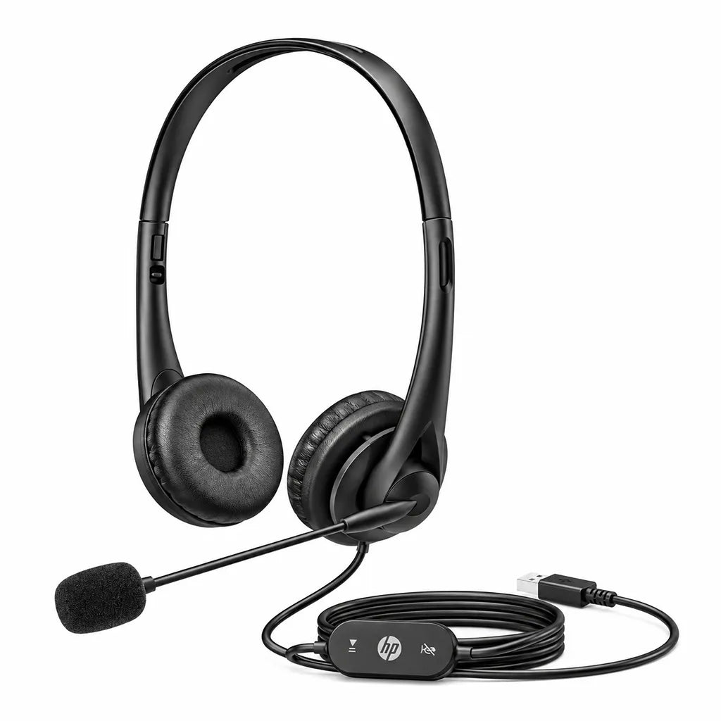 Angled view of HP Stereo USB Headset G2 with lowered microphone boom and USB-A cable -tpstech.in