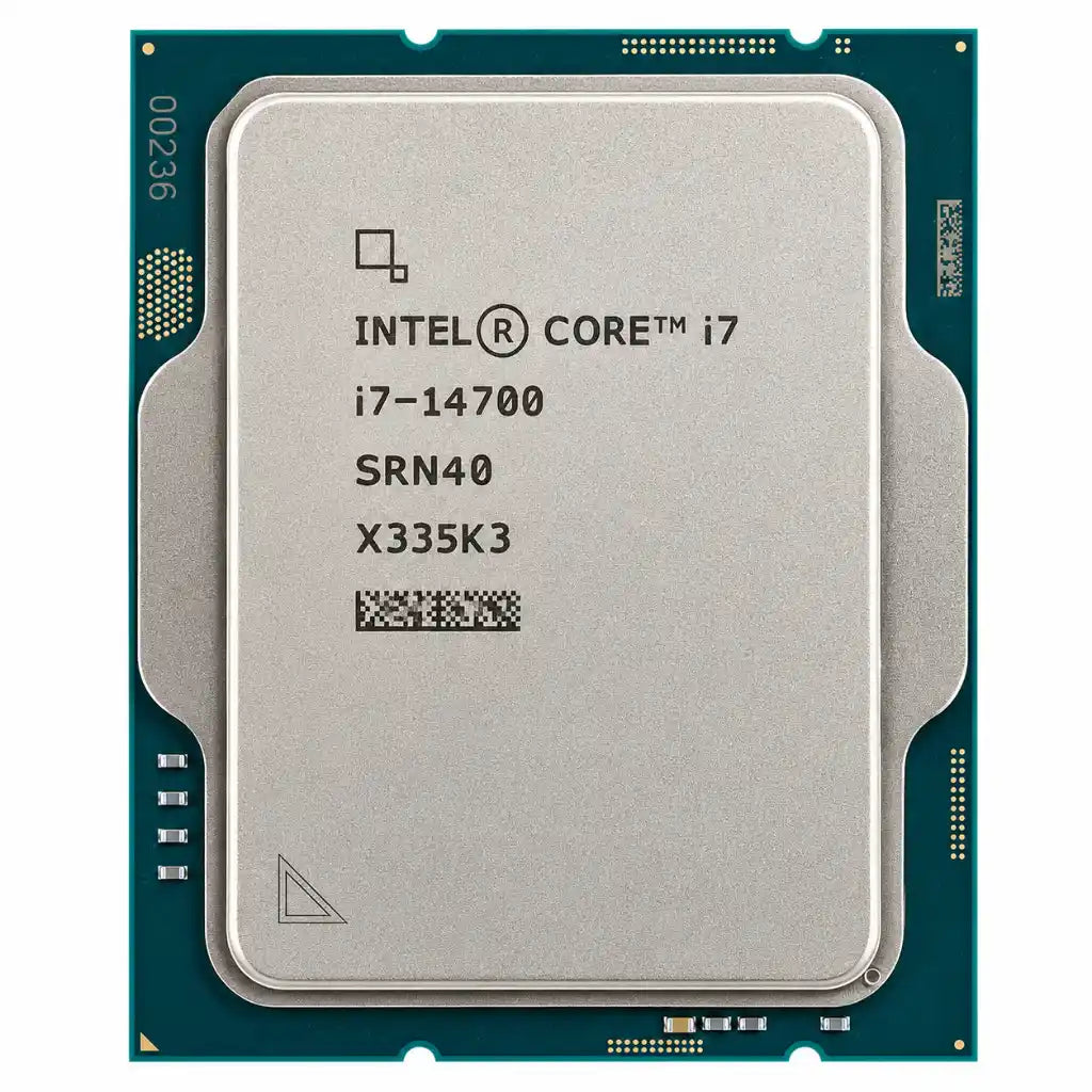 Intel Core i7-14700 Tray desktop processor front angle view with LGA1700 design