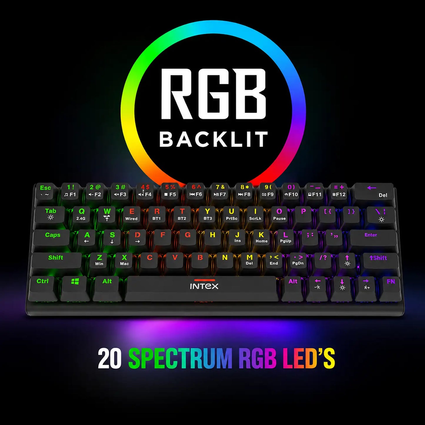 Intex Caliber Plus IT-WLKBM02 RGB backlit wireless mechanical keyboard with 20 spectrum RGB LED modes -tpstech.in