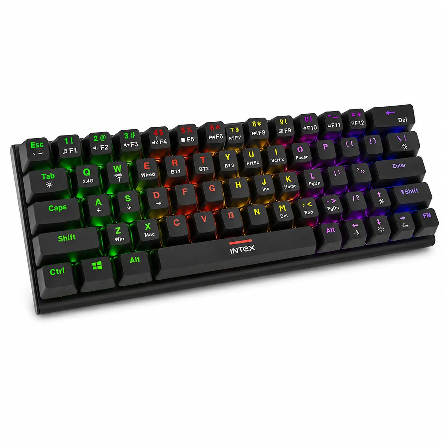 Intex Caliber Plus IT-WLKBM02 compact wireless mechanical keyboard with RGB lighting angled view -tpstech.in