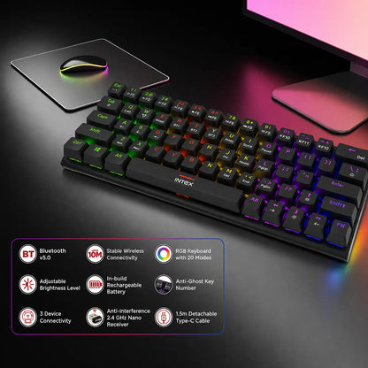Intex Caliber Plus IT-WLKBM02 wireless mechanical keyboard showing Bluetooth 5.0 2.4GHz RGB lighting and rechargeable battery features -tpstech.in
