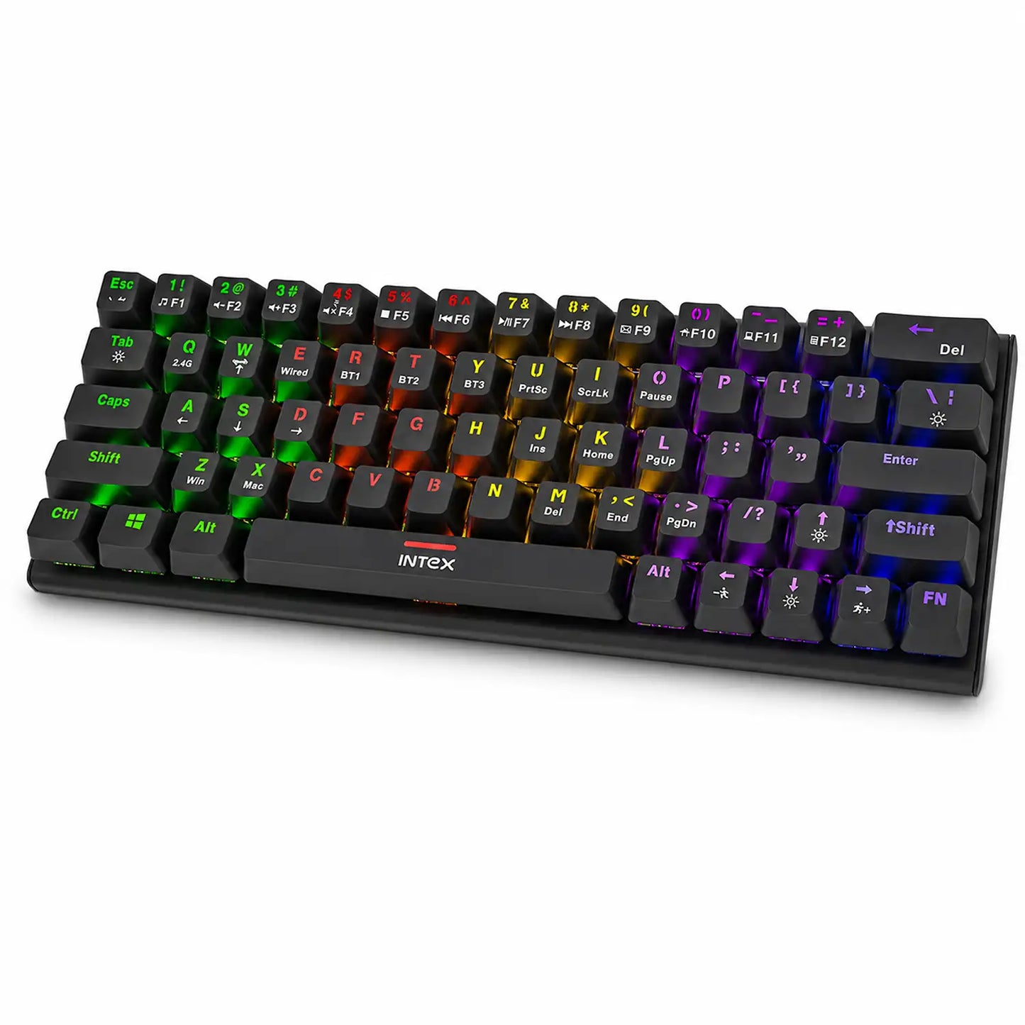 Intex Caliber Plus IT-WLKBM02 wireless mechanical keyboard with RGB backlit keys front angle view -tpstech.in