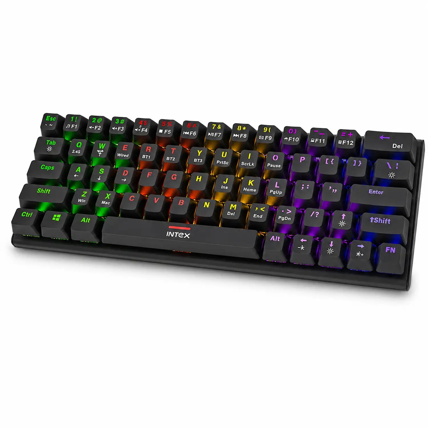Intex Caliber Plus IT-WLKBM02 wireless mechanical keyboard with RGB backlit keys front angle view -tpstech.in