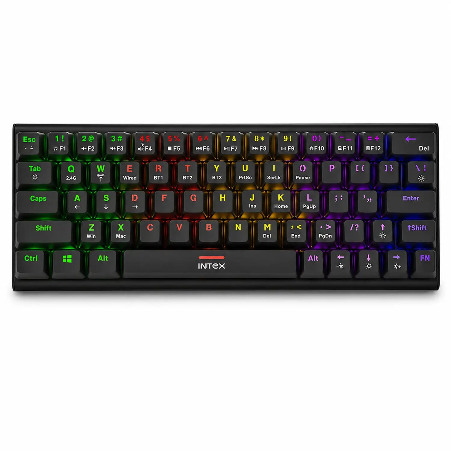 Intex Caliber Plus IT-WLKBM02 wireless mechanical keyboard front view with RGB backlit keys -tpstech.in