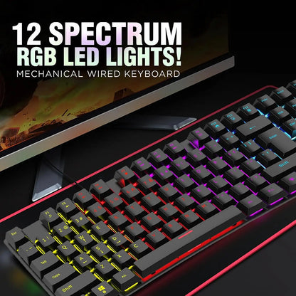Intex Caliber Wired Mechanical Gaming Keyboard with 12 Spectrum RGB LED Lights Setup on Gaming Desk -tpstech.in