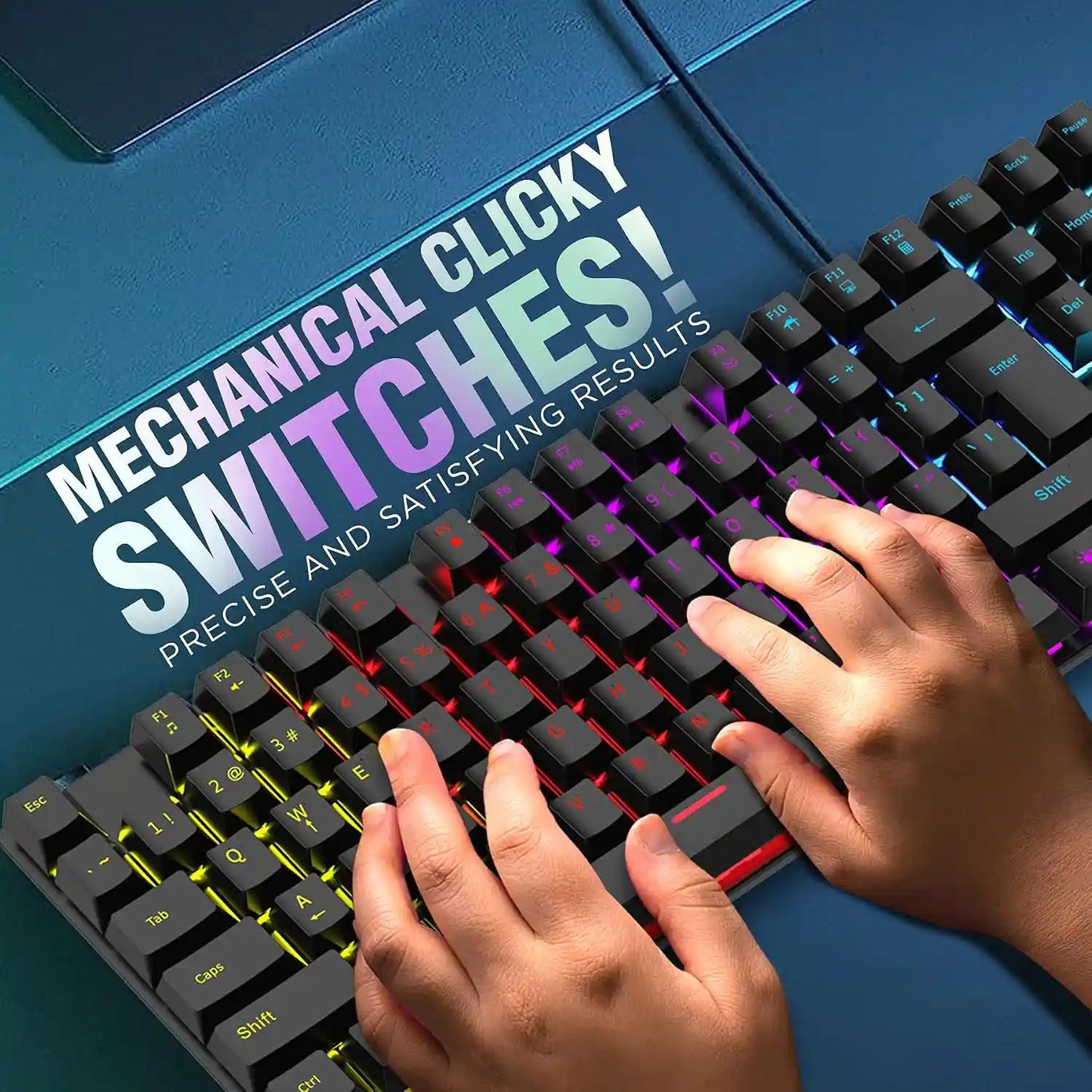 Intex Caliber Wired Mechanical Gaming Keyboard with RGB Lighting Hands Typing on Mechanical Clicky Switches -tpstech.in