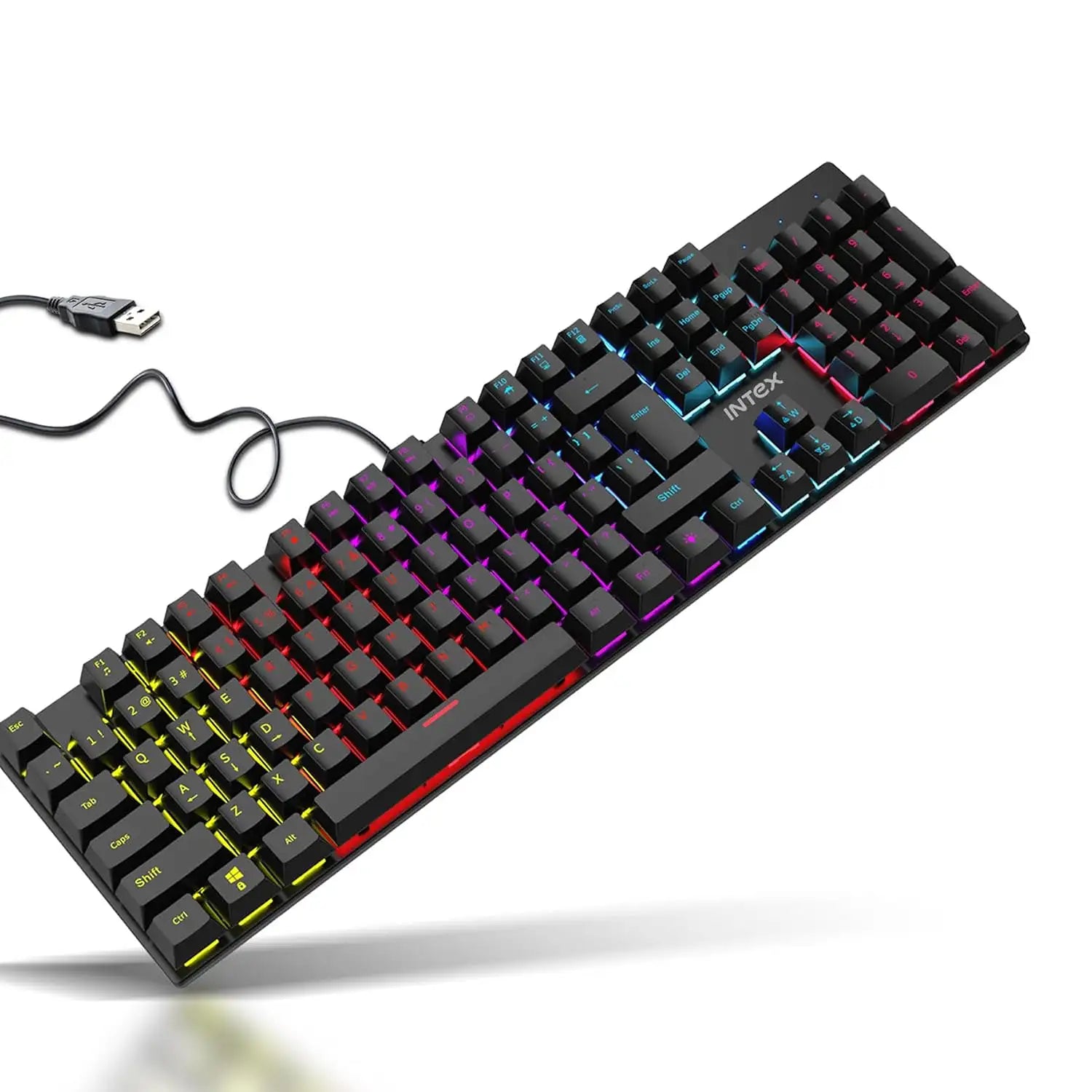Intex Caliber Wired Mechanical Gaming Keyboard with RGB Lighting Angled Full View with USB Connector -tpstech.in