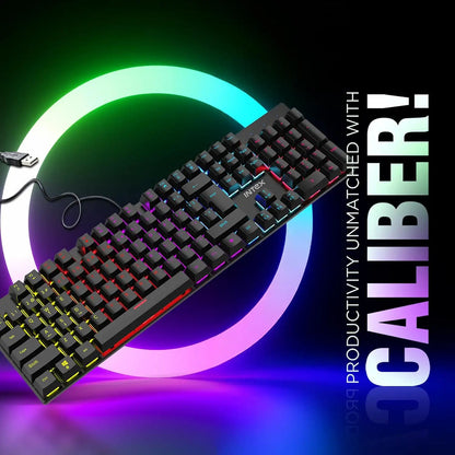 Intex Caliber Wired Mechanical Gaming Keyboard with RGB Lighting and USB Cable Floating Against Circular Neon Glow -tpstech.in