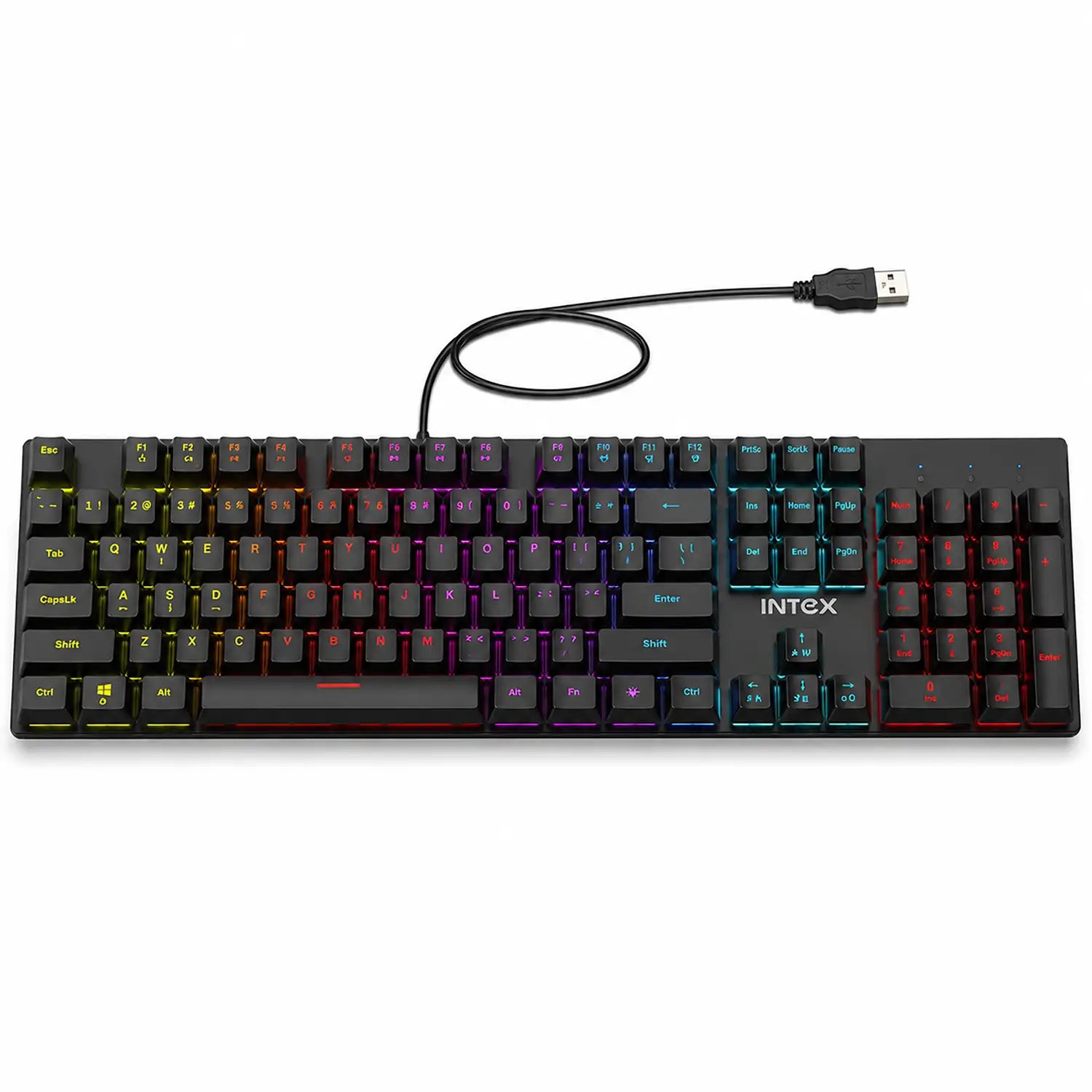Intex Caliber Wired Mechanical Gaming Keyboard with RGB Lighting Top View with USB Cable -tpstech.in