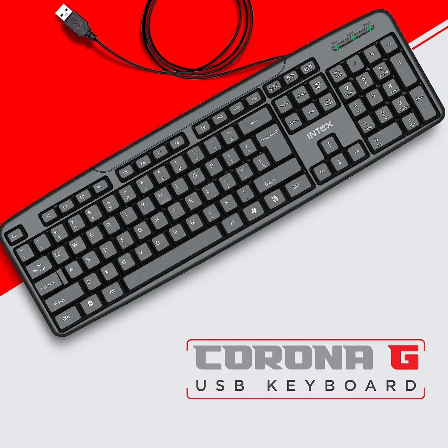 Intex Corona G full-size USB wired keyboard front angled view -tpstech.in