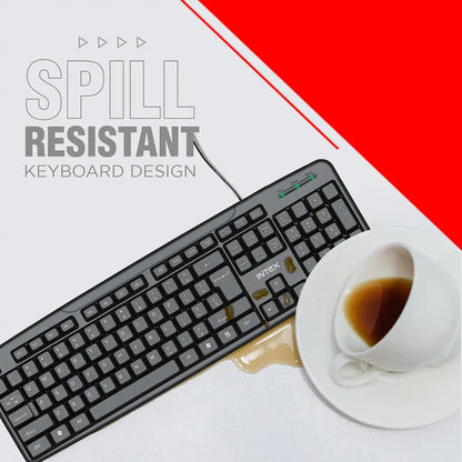 Intex Corona G USB wired keyboard with spill-resistant design and coffee spill illustration -tpstech.in