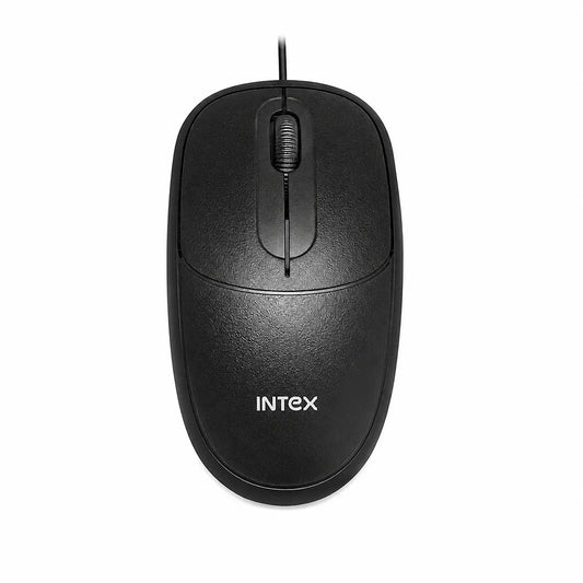 Intex ECO-6 IT-M009 black USB optical mouse top view with scroll wheel-tpstech.in