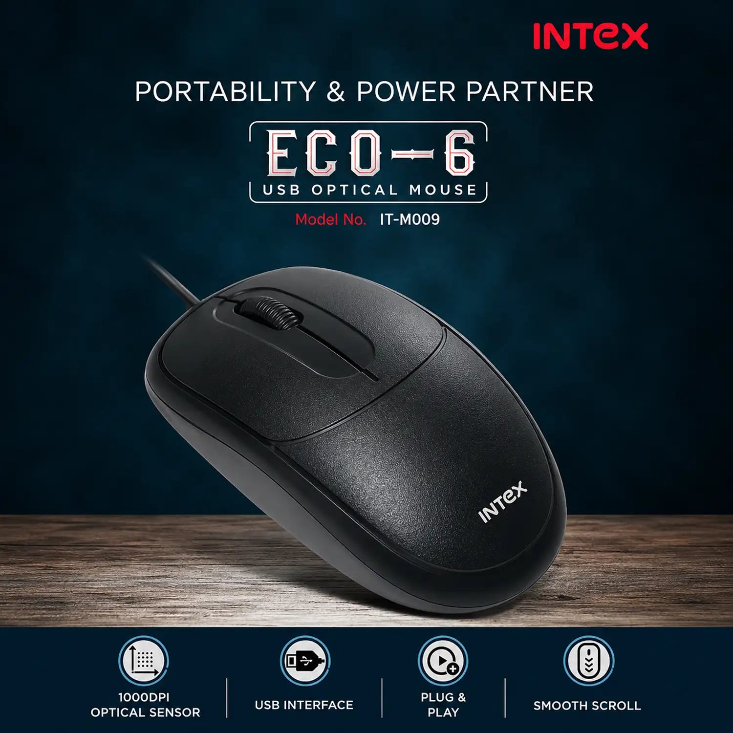 Intex ECO-6 IT-M009 wired USB optical mouse with 1000 DPI optical sensor and smooth scroll-tpstech.in