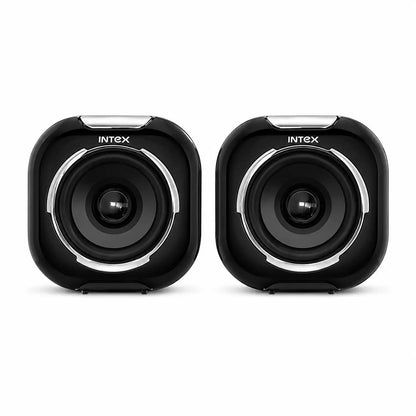 Intex IT 130 2.0 desktop speaker pair front view with 2.0 stereo design-tpstech.in