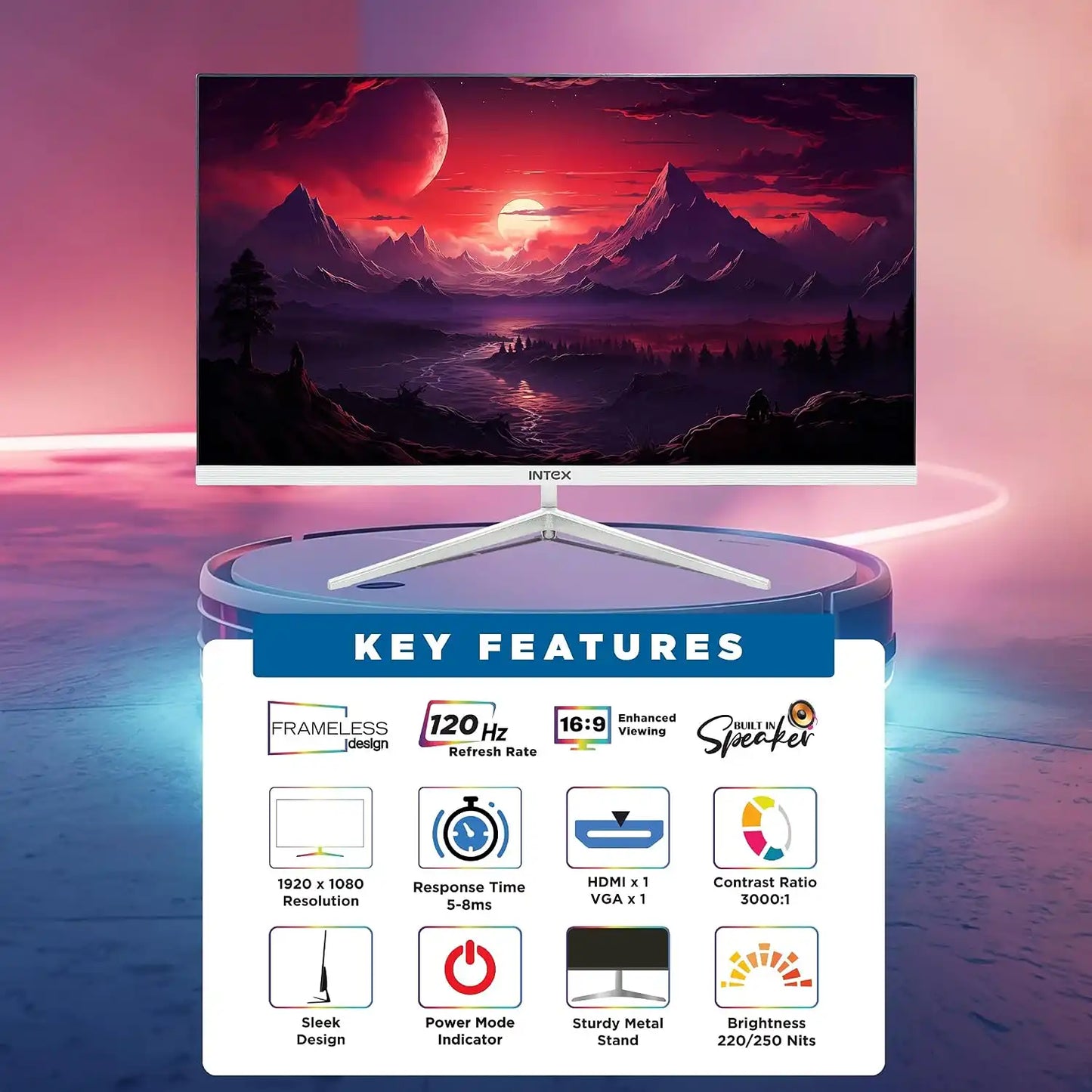 Intex IT-1502 24 inch flat gaming monitor showing 120Hz refresh rate Full HD resolution and key features-tpstech.in