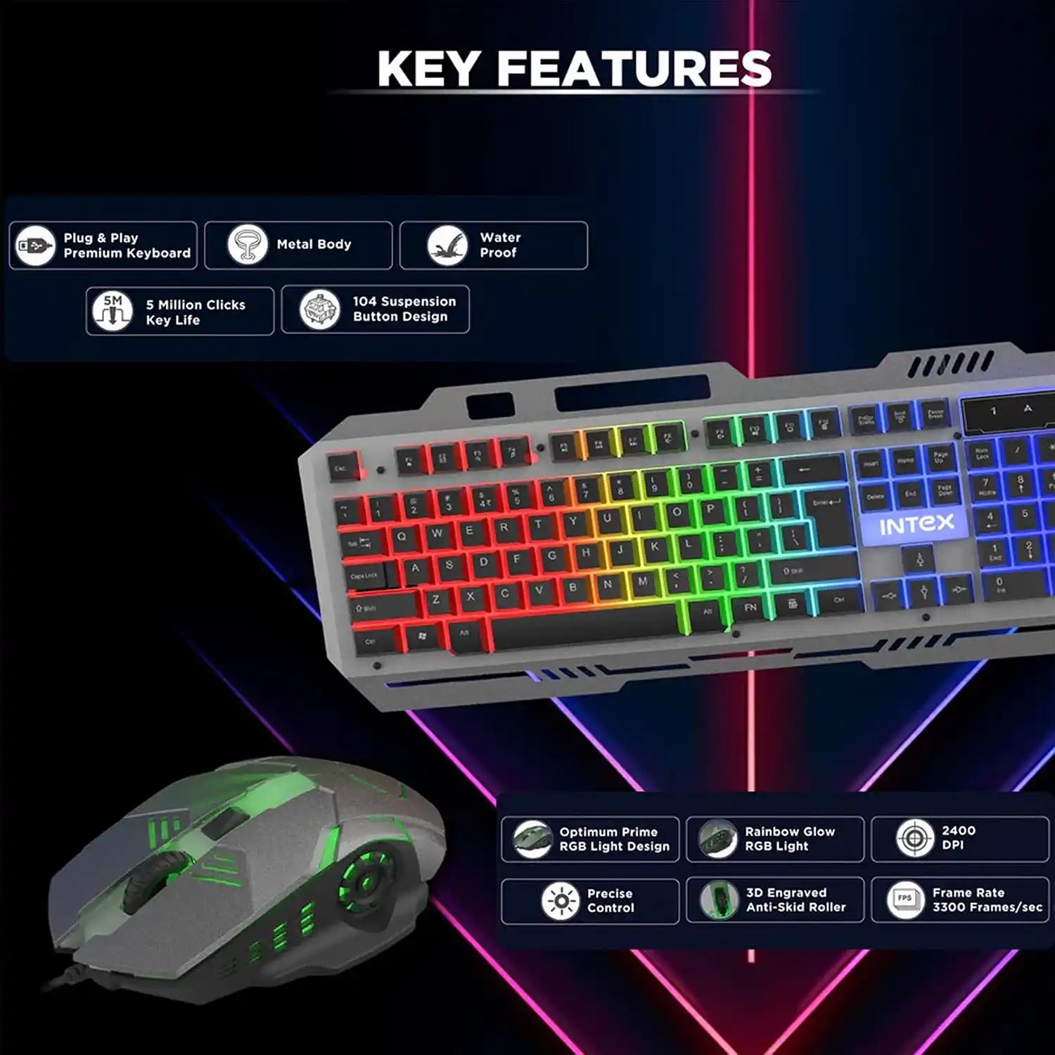 Intex IT-KB331 gaming keyboard and mouse combo featuring metal body waterproof design 104 suspension buttons and 2400 DPI-tpstech.in