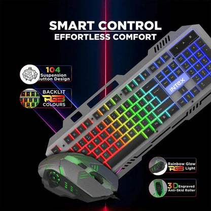 Intex IT-KB331 smart control RGB gaming keyboard and mouse with 104 suspension button design and 3D engraved anti-skid roller-tpstech.in