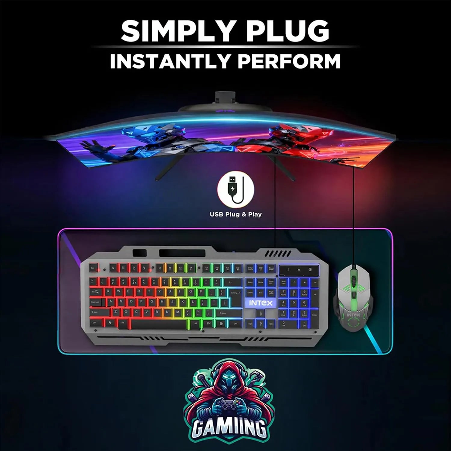Intex IT-KB331 wired gaming keyboard and mouse combo with USB plug and play connectivity for gaming setups-tpstech.in