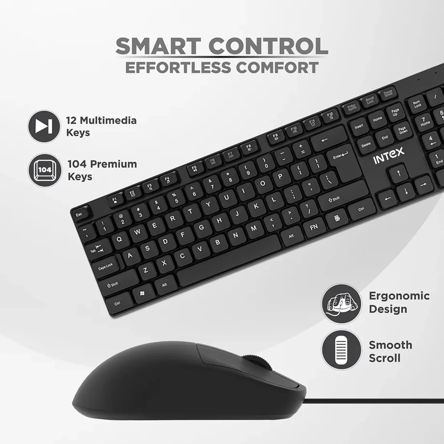 Intex SMILE IT-KBM888 104 premium key keyboard with 12 multimedia keys ergonomic mouse and smooth scroll-tpstech.in