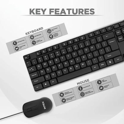 Intex SMILE IT-KBM888 wired keyboard and mouse combo key features including 104 keys 1200 DPI optical sensor and smooth scroll-tpstech.in