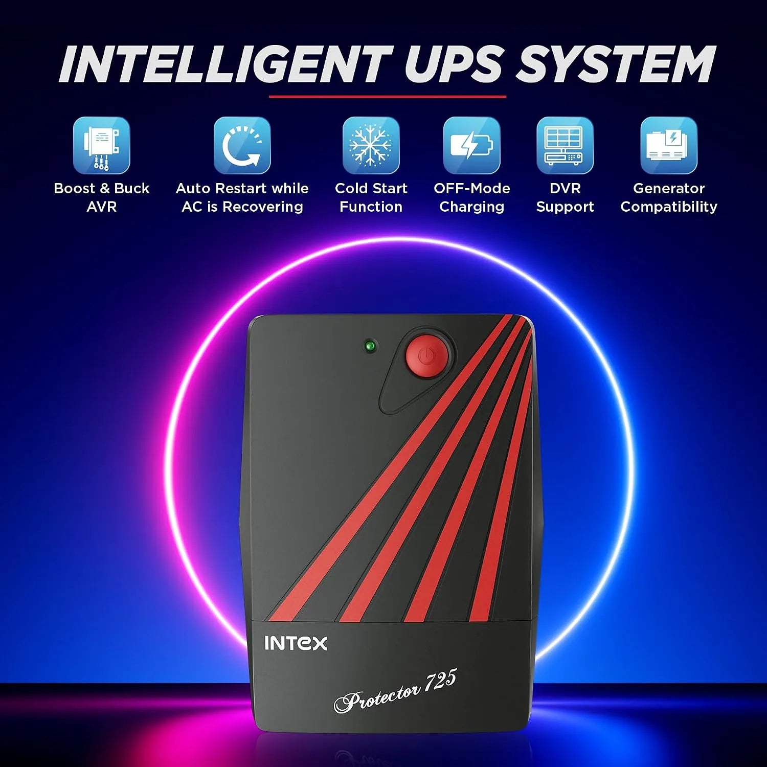 Intex UPS Protector 725 with boost and buck AVR auto restart cold start off mode charging DVR support and generator compatibility-tpstech.in