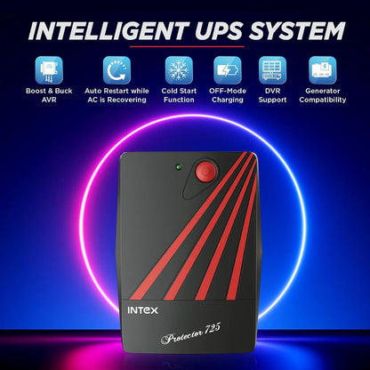 Intex UPS Protector 725 with boost and buck AVR auto restart cold start off mode charging DVR support and generator compatibility-tpstech.in