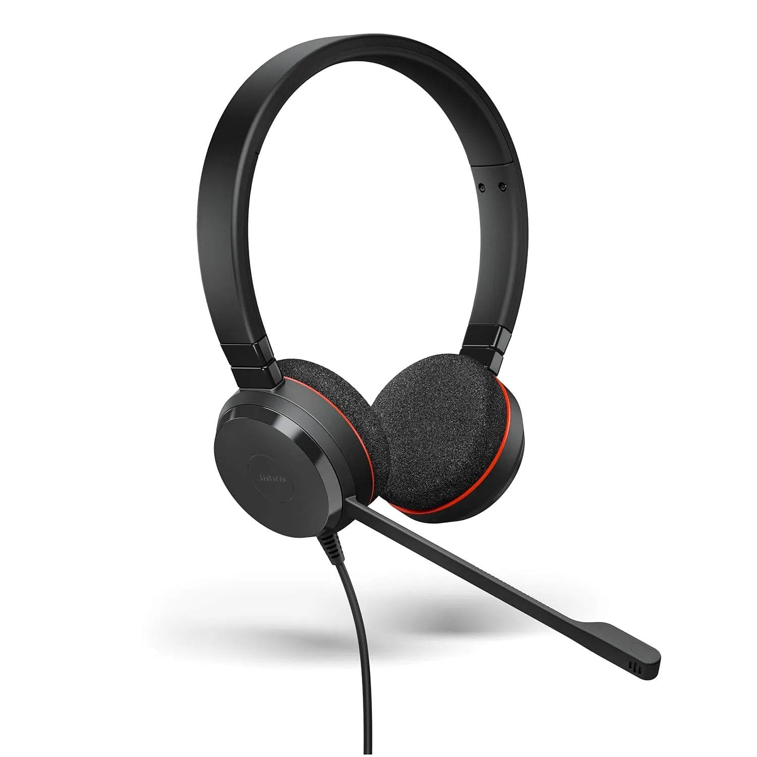 Jabra Evolve 20 MS black wired stereo headset showing comfortable foam ear cushions and boom mic -tpstech.in