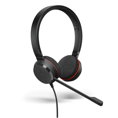 Jabra Evolve 20 MS black wired stereo headset showing comfortable foam ear cushions and boom mic -tpstech.in