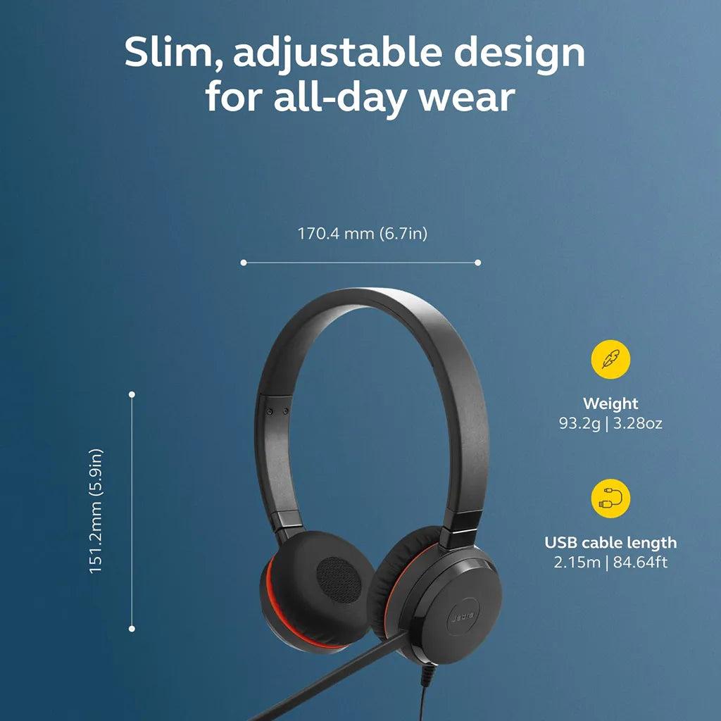 Jabra Evolve 30 II Stereo MS Headset showing lightweight design, dimensions and USB-C USB-A connectivity -tpstech.in